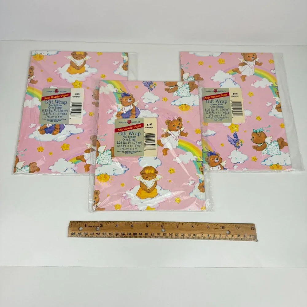 Vtg Pink Rainbow Clouds‎ Stars Sun Teddy Bears Baby American Greetings Gift Wrap